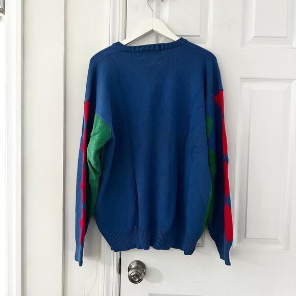 Pringle Scotland Hand Intarsia Cotton Vintage Blue Red Green Argyle Sweater XL - Picture 8 of 10
